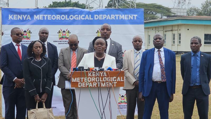 CS Dr. Nancy Barasa, flanked by the Senuior staff during a press briefing at KMD HQs on 9-9-2026