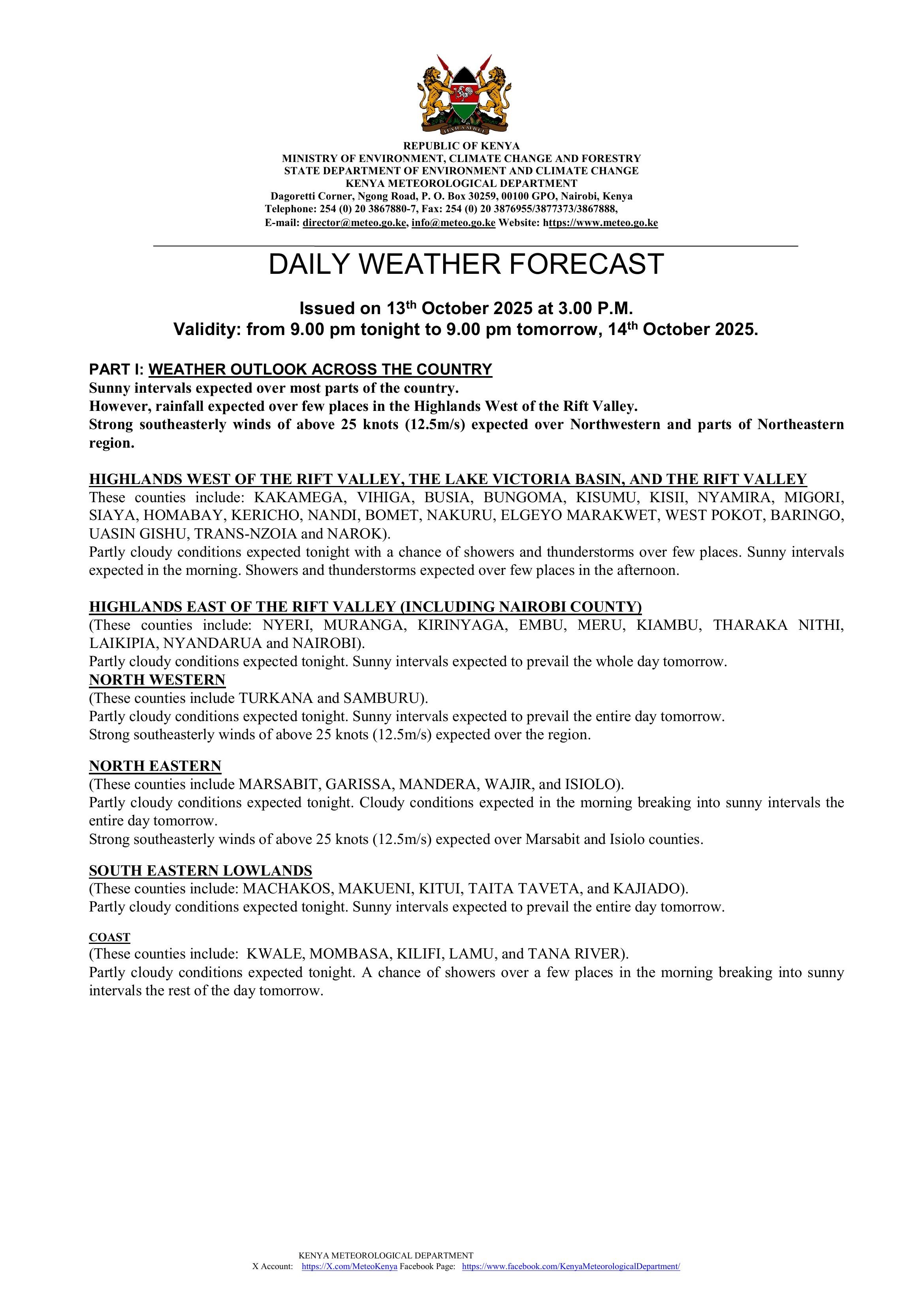 Daily Weather Update Daily weather forecast valid 14th October 2025