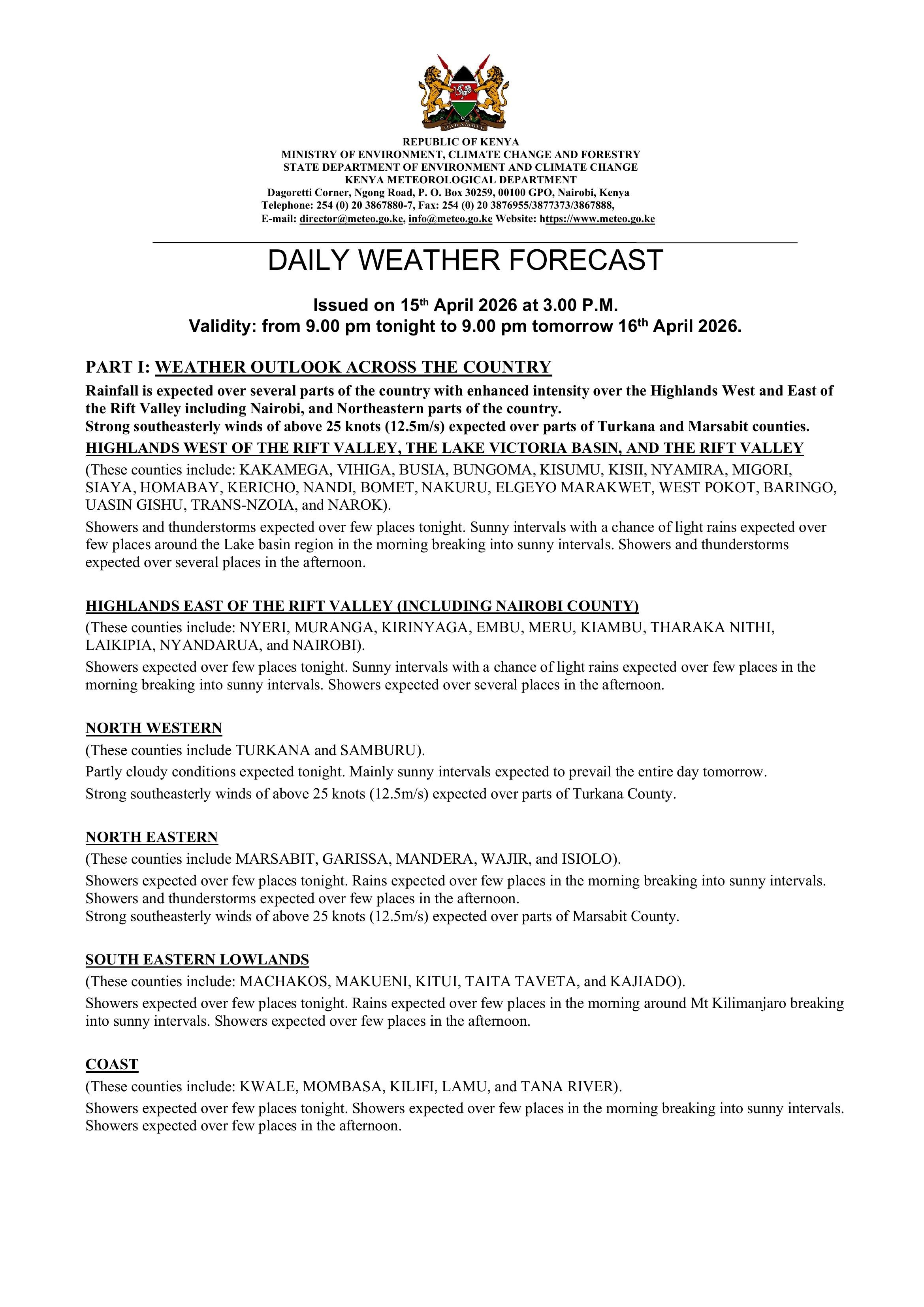 Daily Weather Update Daily weather forecast valid 16th April 2026