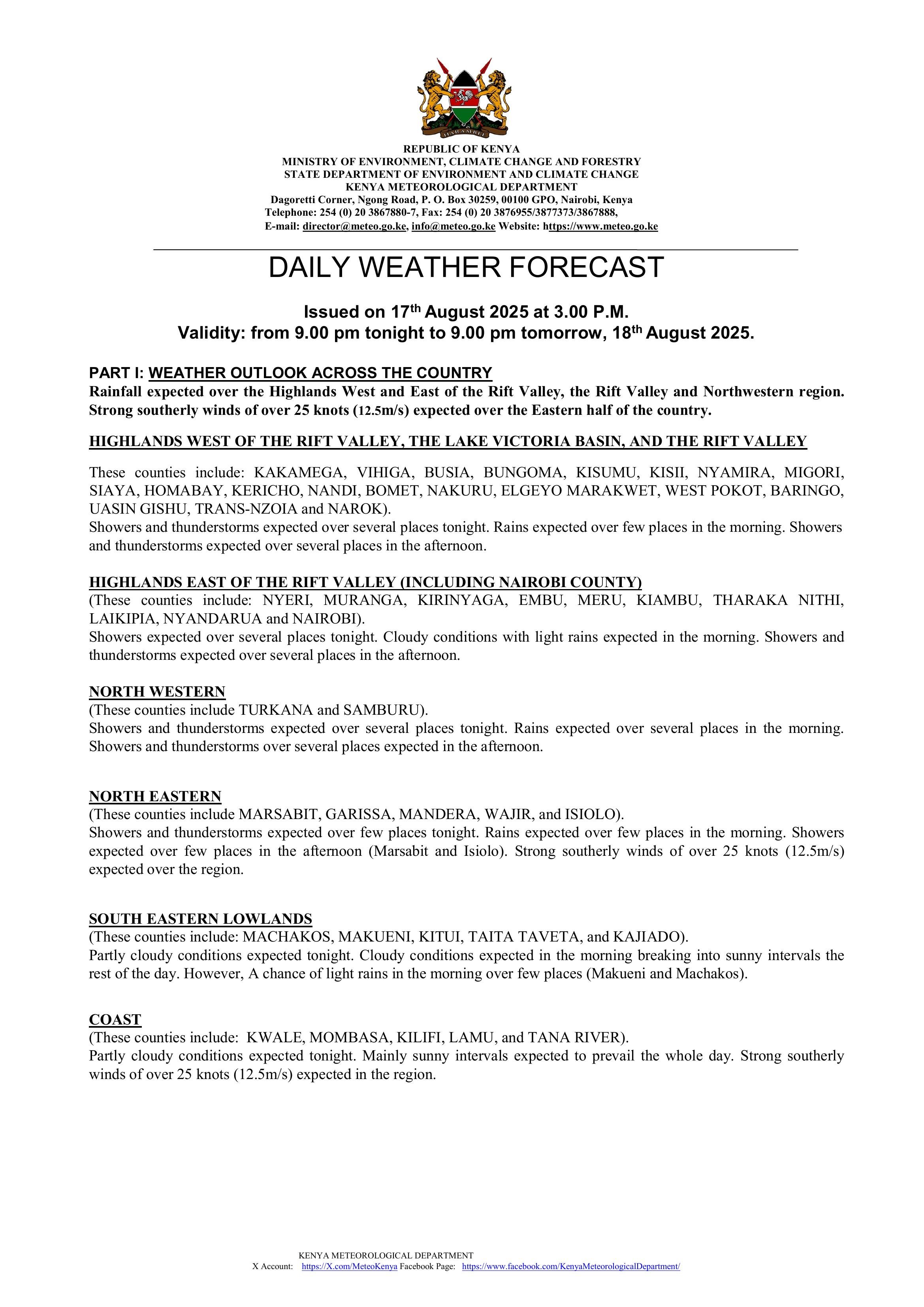 Daily Weather Forecast 18th August 2025