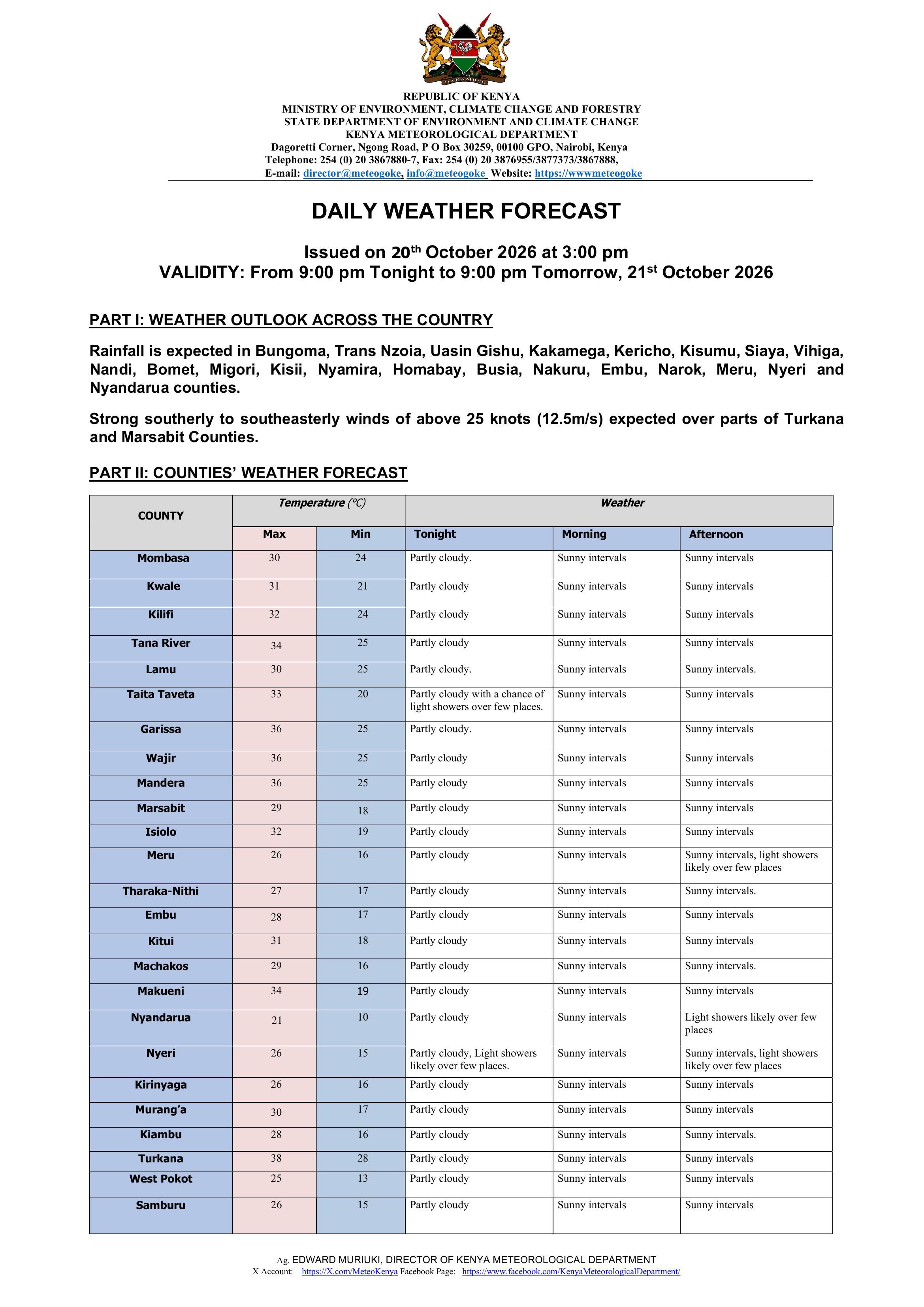 Daily weather forecast valid 21st October 2026