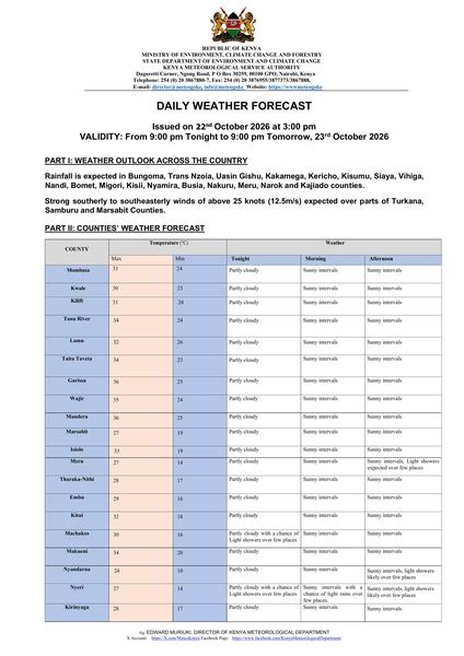 Daily weather forecast valid 23rd October 2026