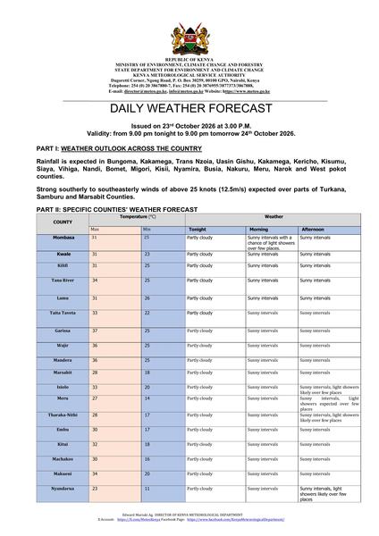 Daily weather forecast valid 24th October 2026
