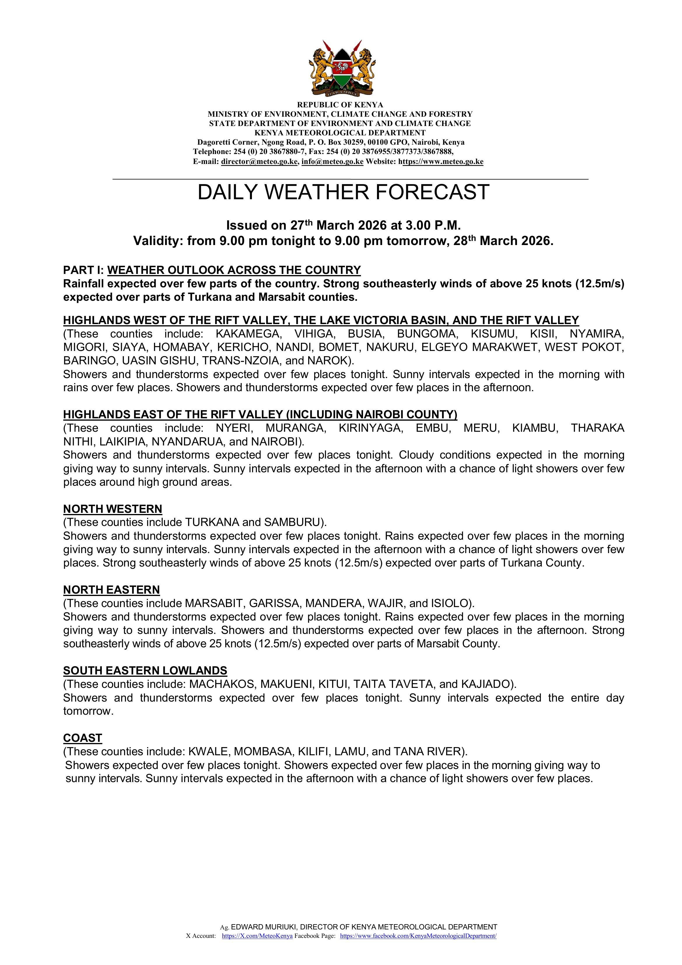 Daily Weather Update Daily weather forecast valid 28th March 2026