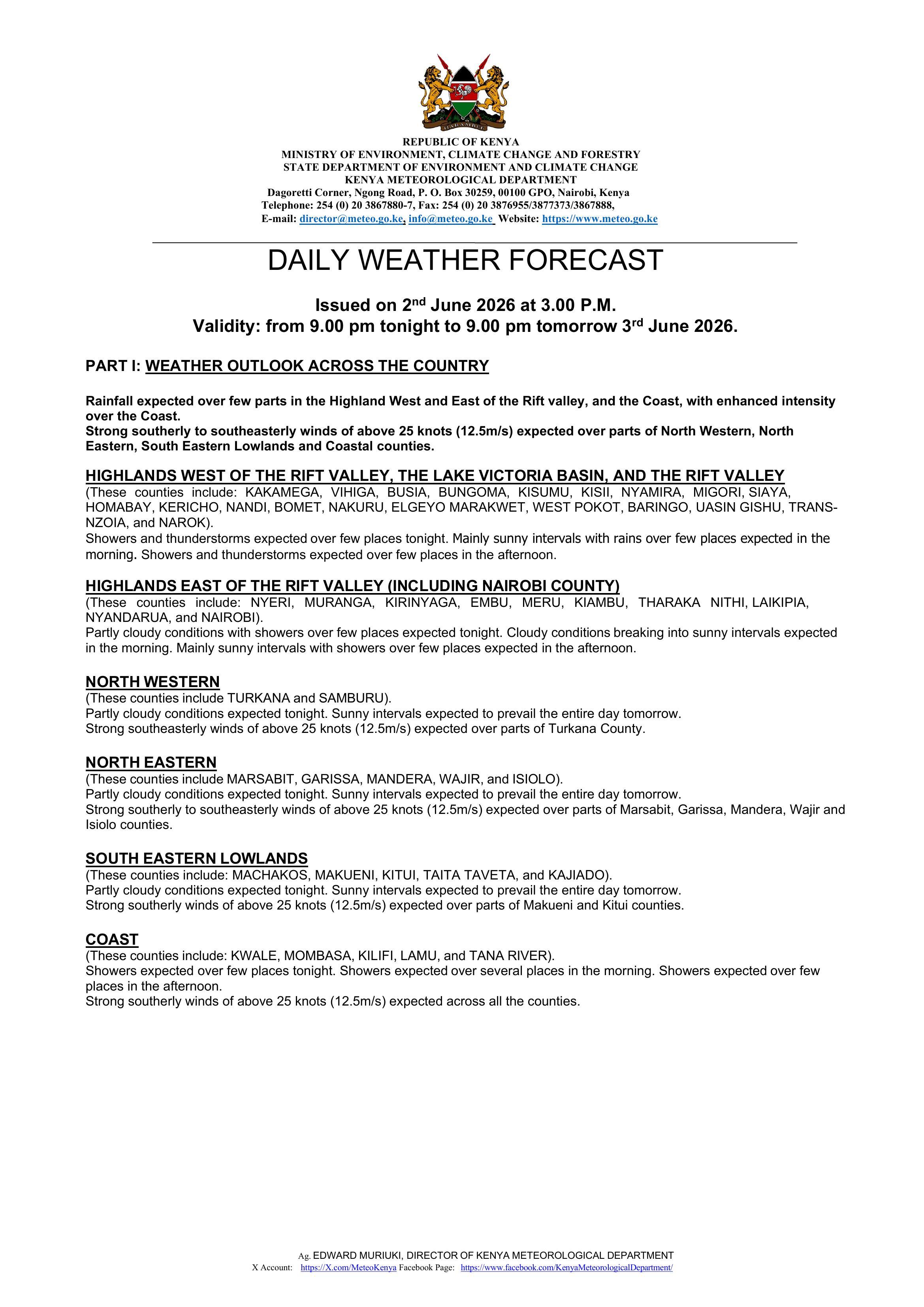 Daily weather forecast valid 3rd June 2026