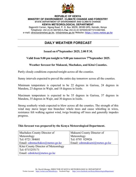 Daily weather forecast valid 7th Sept. 2025