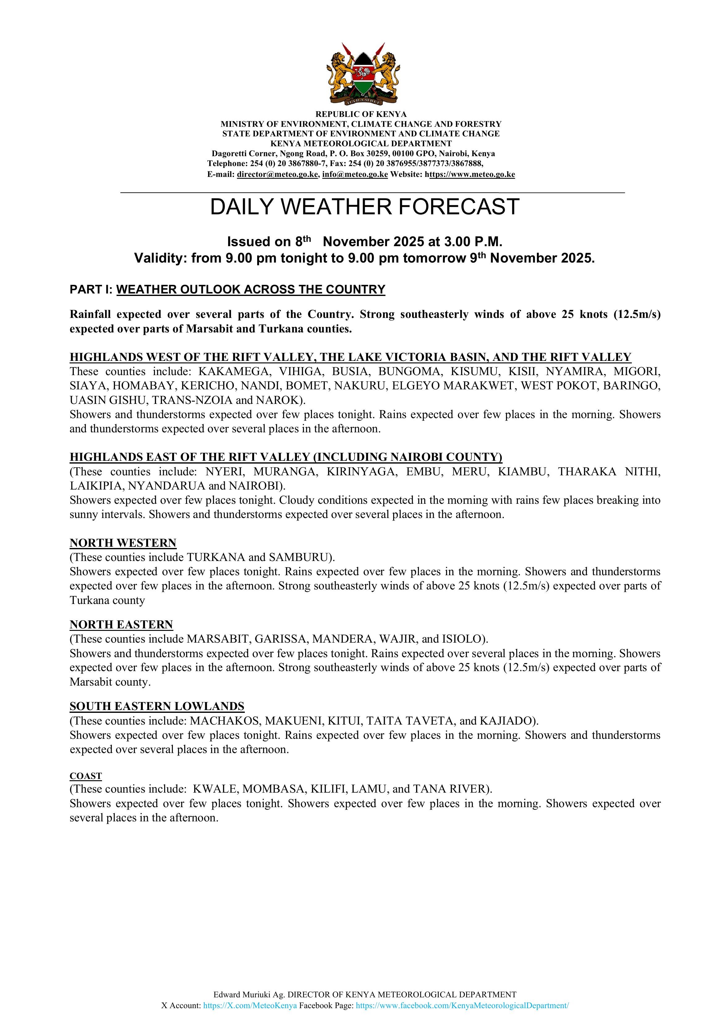 Daily Weather Update Daily weather forecast valid 9th Nov 2025