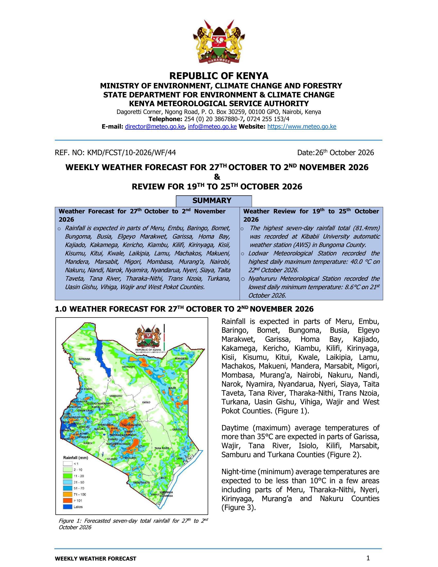 Weather Repott Weekly weather forecast valid 27th October to 2nd November 2026